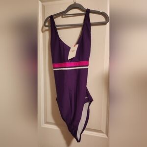 NWT Speedo Purple One-Piece Women's Swimsuit with White & Pink Stripe Detail